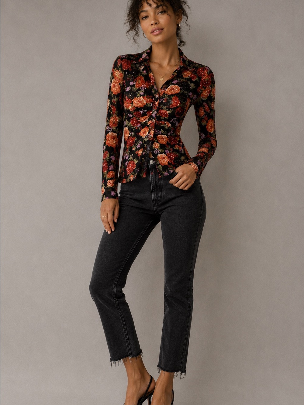 Ember Floral Mesh Button Front Top Small Black Rose Print Long Sleeve Y2K Sheer